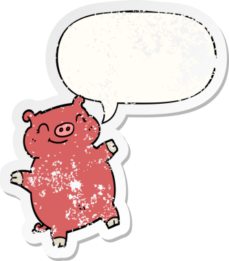 Konuşma baloncuğu olan çizgi film domuzu bir insan tarafından çizilmiş sıkıntılı eski bir çıkartma