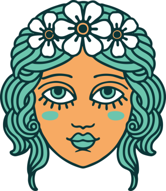 Bir insan tarafından çizilmiş çiçek desenli ikonik bir kadın yüzü.