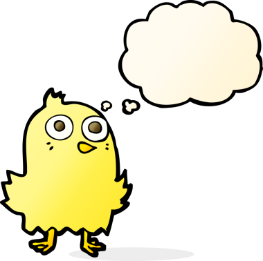 Bir insan tarafından çizilmiş düşünce baloncuklu komik çizgi film kuşu.