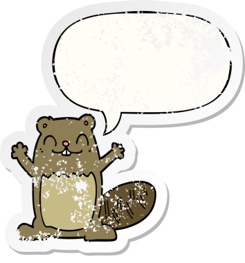 Konuşma balonlu çizgi film kunduzu bir insan tarafından çizilmiş sıkıntılı eski bir çıkartma