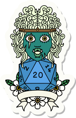 Bir insan tarafından çizilmiş doğal 20 zarlı yarı ork barbar bir karakterin çıkartması.