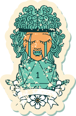 Retro Dövme Tarzı Ağlayan Ork Barbar Karakteri Bir insan tarafından çizilmiş doğal D20 rulosu