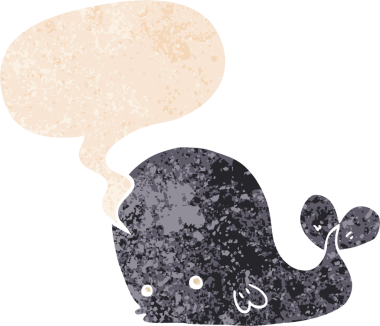 Bir insan tarafından çizilmiş grunge dertli retro tarzı konuşma balinası ile çizgi film balinası