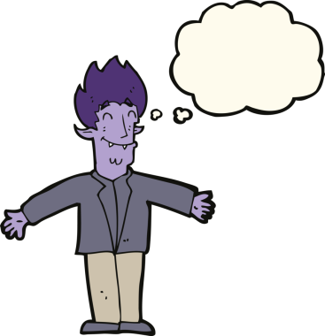 Bir insan tarafından çizilmiş düşünce balonlu mutlu vampir çizgi filmi.