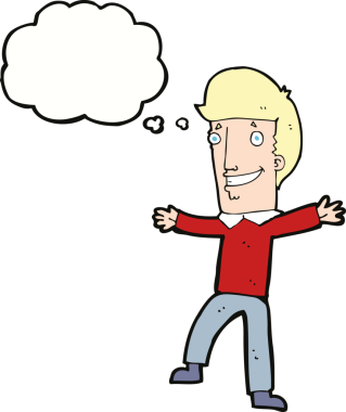 Bir insan tarafından çizilmiş düşünce balonlu mutlu adam çizgi filmi.