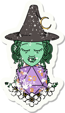 Bir insan tarafından çizilmiş doğal yirmi zarlı yarım ork büyücüsünün grunge çıkartması.