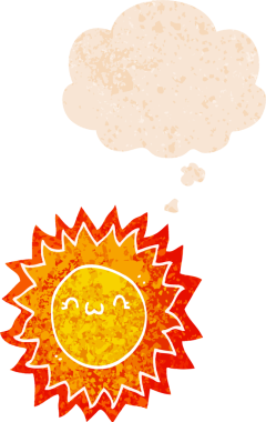 Düşünce baloncuklu karikatür güneşi bir insan tarafından çizilmiş sıkıntılı retro stil