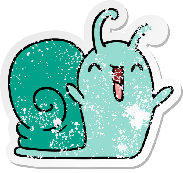 Sıkıntılı etiket çizimi, kawaii mutlu bir salyangoz insan tarafından çizilmiş.