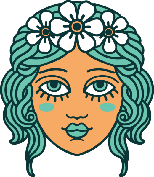 Bir insan tarafından çizilmiş çiçek desenli ikonik bir kadın yüzü.