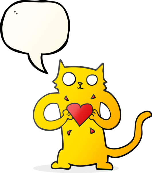 Bir insan tarafından çizilmiş aşk dolu bir kalbi olan serbest konuşma balonu çizgi film kedisi.