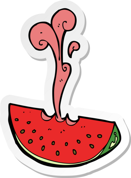 Bir insan tarafından çizilmiş karpuz fışkırtan bir çizgi film etiketi.