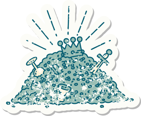 Bir insan tarafından çizilmiş eski bir dövme stili altın yığını.