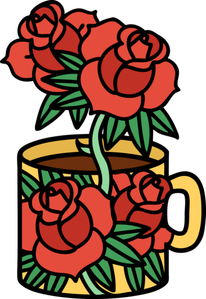 Geleneksel bir kupa şeklinde dövme ve bir insan tarafından çizilmiş çiçekler.