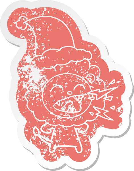 Bir insan tarafından çizilmiş Noel Baba şapkası takan kükreyen bir aslan çıkartması.