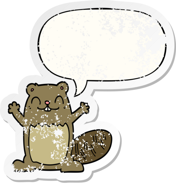 Konuşma balonlu çizgi film kunduzu bir insan tarafından çizilmiş sıkıntılı eski bir çıkartma