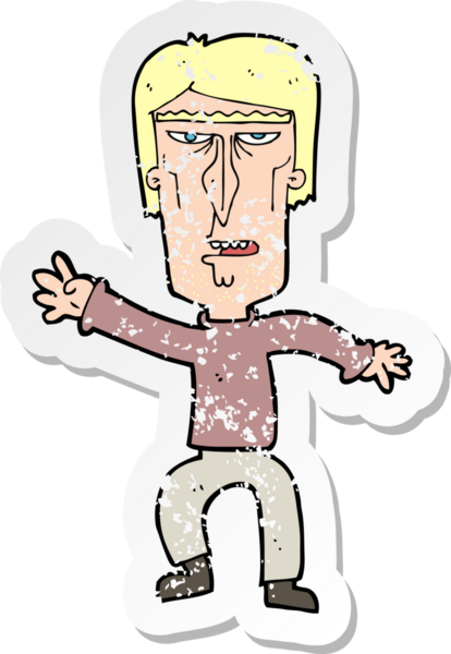 Sinirli bir adamın bir insan tarafından çizilmiş el sallayan bir çizgi filmin gerilimli çıkartması.