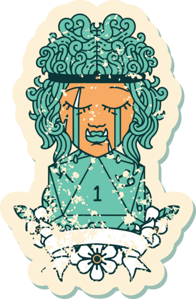 Retro Dövme Tarzı Ağlayan Ork Barbar Karakteri Bir insan tarafından çizilmiş doğal D20 rulosu