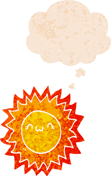 Düşünce baloncuklu karikatür güneşi bir insan tarafından çizilmiş sıkıntılı retro stil