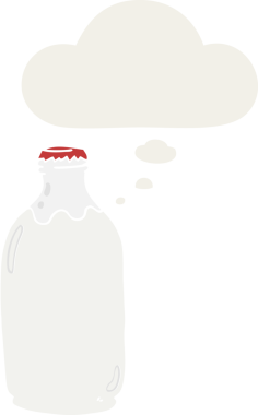 Düşünce baloncuklu çizgi film süt şişesi insan tarafından çizilmiş.