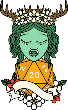 Retro Dövme Biçimi Yarı Ork Druid karakteri Bir insan tarafından çizilmiş doğal 20 zar ile