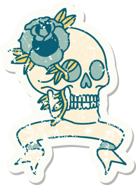 Bir insan tarafından çizilmiş kafatası ve gülü olan eski bir etiket.