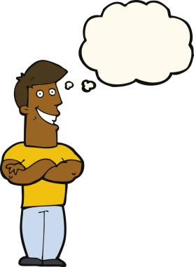 Bir insan tarafından çizilmiş düşünce baloncuğu ile sırıtan çizgi film adamı.