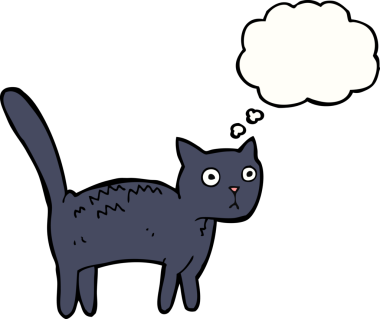 Bir insan tarafından çizilmiş düşünce balonlu korkmuş kedi çizgi filmi.