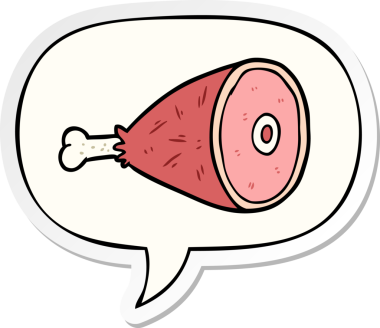 Bir insan tarafından çizilmiş konuşma kabarcığı çıkartmalı pişmiş et bacağı.