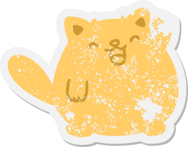 Sevimli çizgi film kedisi bir insan tarafından çizilmiş grunge çıkartmasını sallıyor.