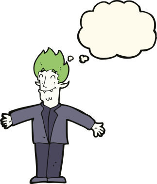 Bir insan tarafından çizilmiş düşünce balonlu mutlu vampir çizgi filmi.