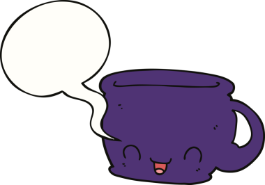 Bir insan tarafından çizilmiş, konuşma baloncuklu bir fincan kahve.