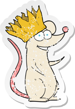 Bir insan tarafından çizilmiş taç giyen çizgi film faresinin gerilemiş retro çıkartması.