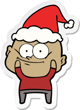 Bir insan tarafından çizilmiş Noel Baba şapkası giymiş kel bir adamın el yazısı.