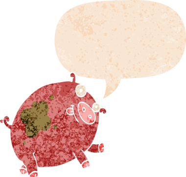 Bir insan tarafından çizilmiş grunge dertli retro tarzı konuşma baloncuklu çizgi film domuzu