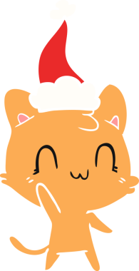 Bir insan tarafından çizilmiş Noel Baba şapkası takan mutlu bir kedinin düz renkli çizimi.