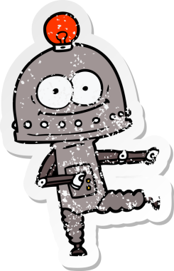 Bir insan tarafından çizilmiş ampullü mutlu bir robot çıkartması.