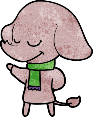 Bir insan tarafından çizilmiş eşarp takan gülümseyen bir fil.