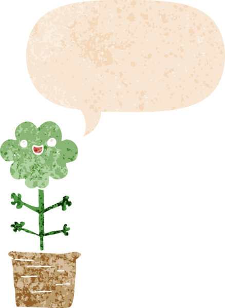 Bir insan tarafından çizilmiş grunge dertli retro biçimli konuşma baloncuklu karikatür çiçeği