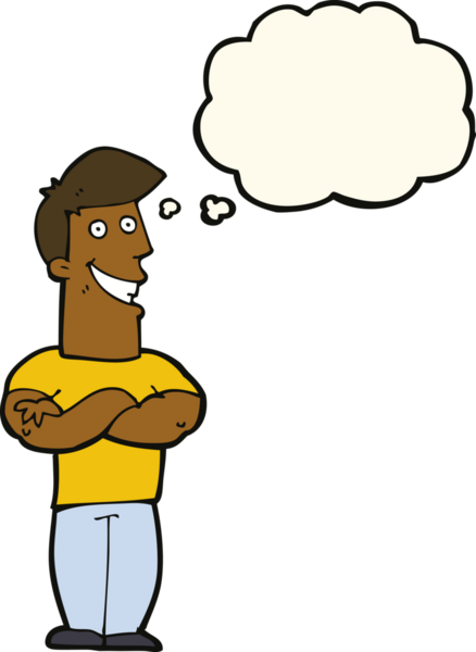 Bir insan tarafından çizilmiş düşünce baloncuğu ile sırıtan çizgi film adamı.