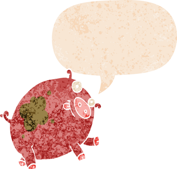 Bir insan tarafından çizilmiş grunge dertli retro tarzı konuşma baloncuklu çizgi film domuzu