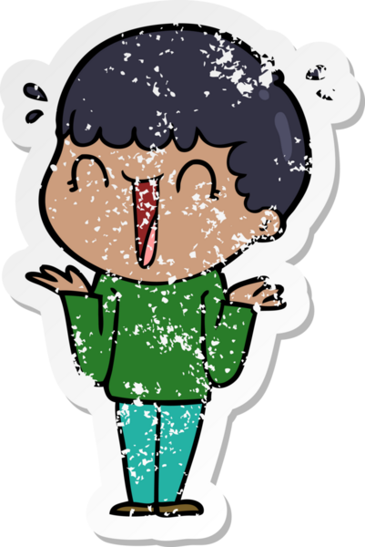 Bir insanın omuzlarını silkeleyen, gülen bir çizgi film karakterinin sıkıntılı çıkartması.