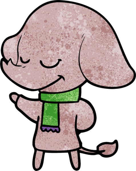 Bir insan tarafından çizilmiş eşarp takan gülümseyen bir fil.