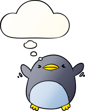 Bir insan tarafından çizilmiş yumuşak eğimli düşünce baloncuğu ile kanat çırpan sevimli bir penguen.