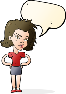 Bir insan tarafından çizilmiş konuşma balonlu elleri olan çizgi film kadını.