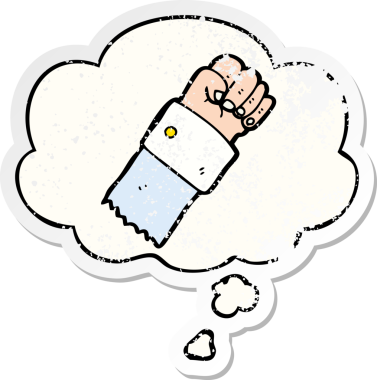 Düşünce baloncuğu olan bir karikatür insan tarafından çizilmiş yıpranmış bir çıkartma gibi.