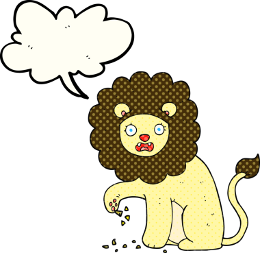 Bir insan tarafından çizilmiş dikenli dikenli bir aslanla el yazması çizgi roman konuşma balonu.