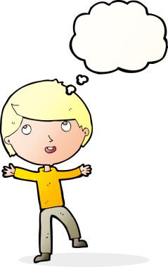 Bir insan tarafından çizilmiş düşünce balonu olan mutlu çocuk çizgi filmi.