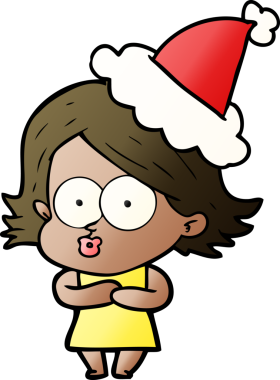 Bir insanın çizdiği Noel Baba şapkasıyla somurtan bir kızın el çizimi karikatürü.