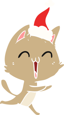 Bir insan tarafından çizilmiş Noel Baba şapkası giymiş bir kedi miyavlıyor.