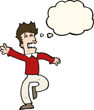 Bir insan tarafından çizilen düşünce baloncuğuyla panikleyen çizgi film adamı.